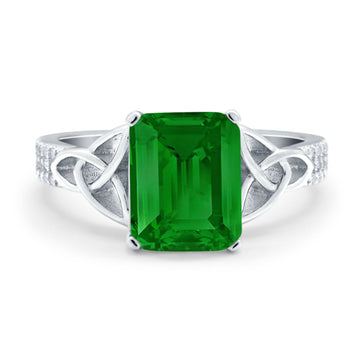 Emerald Cut Celtic Engagement Ring Simulated Green Emerald CZ 925 Sterling Silver